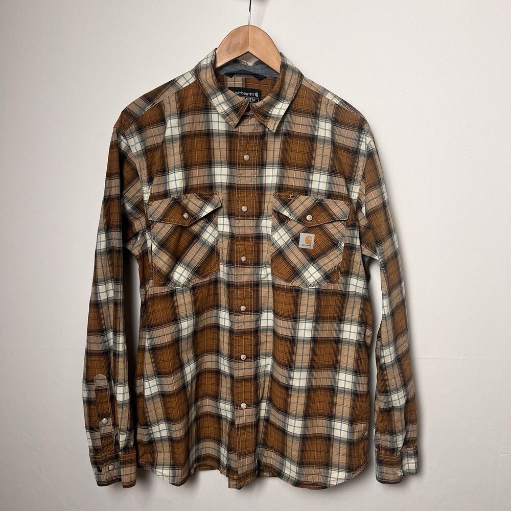Carhartt Rugged Flex Plaid Pearl Snap Shirt Mens L Relaxed Fit Brown Long Sleeve